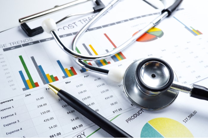 Photo of accounting documents and medical tools